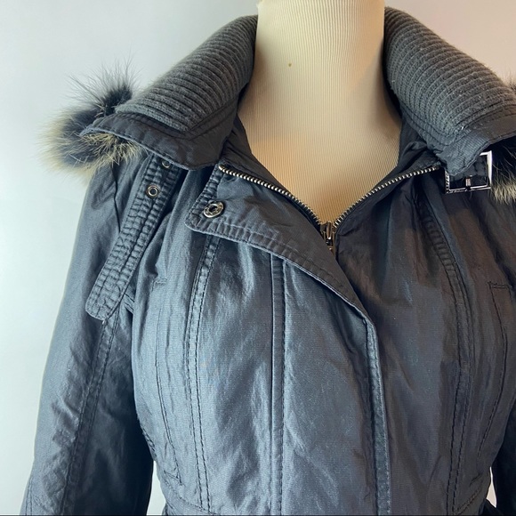 Laundry Shelli Segal Small Genuine Fox Fur Hood Black Zip Up Belted Jacket Coat - Picture 2 of 12